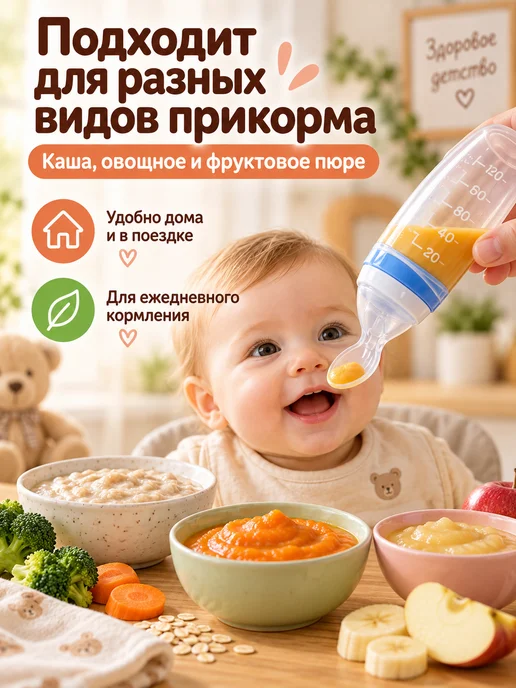 Синяя ложка бутылочка для прикорма силиконовая, синий, фото 2