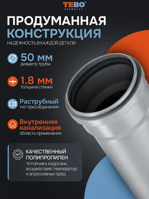 TEBO Труба канализационная 50x1,8x500, серый, фото 2