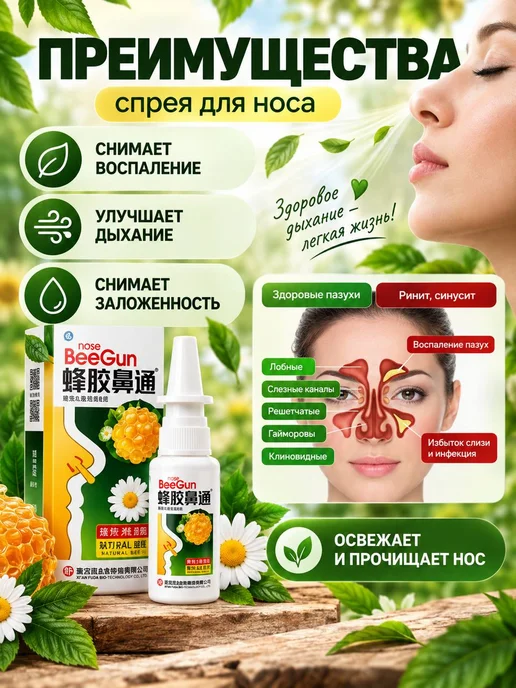 Nose Beegun Спрей для носа от заложенности и насморка с прополисом 3шт, 3 шт, фото 4