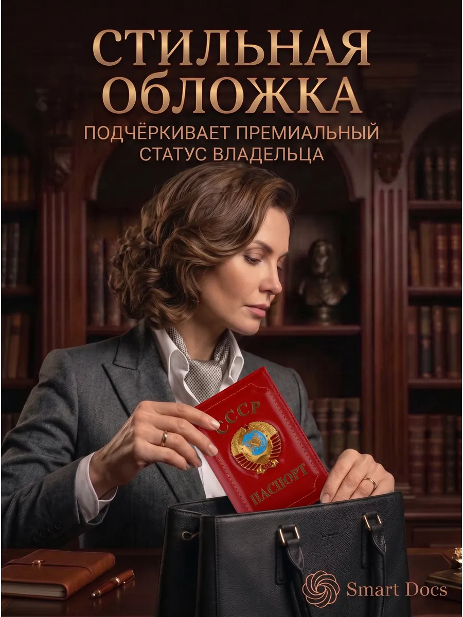 Обложка на паспорт СССР кожаная натуральная с гербом женская - фото 3