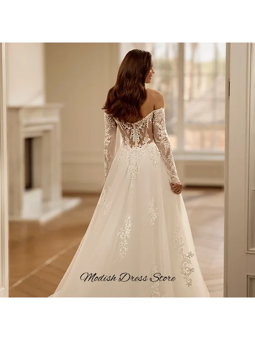 XIKUO Классическое свадебное платье из кружева и тюля Robe de mari, белый, фото 3