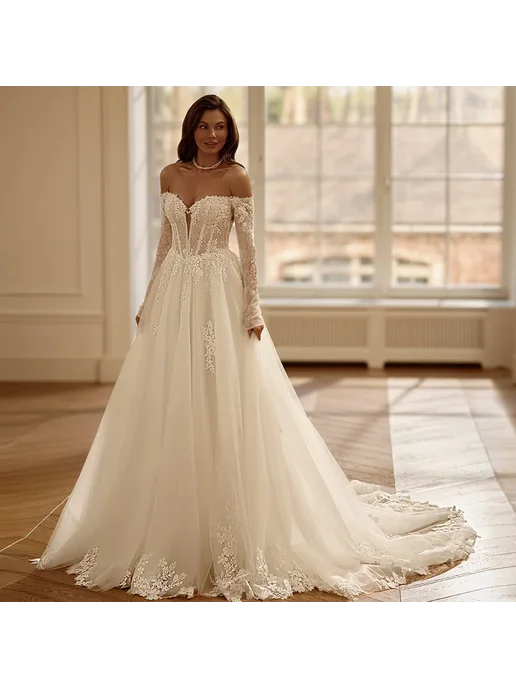 XIKUO Классическое свадебное платье из кружева и тюля Robe de mari, белый, фото 5