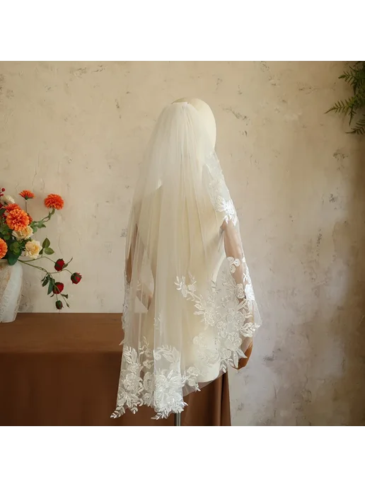 Нет бренда Однослойная свадебная фата белая 95 см Бежевый, Ivory, белый, фото 2