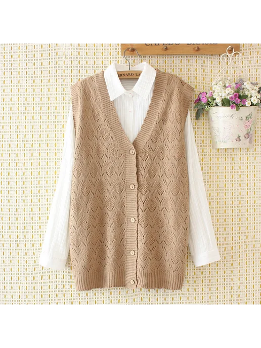youyou Женский свободный вязаный жилет Plus Size 4XL, бежевый, фото 7